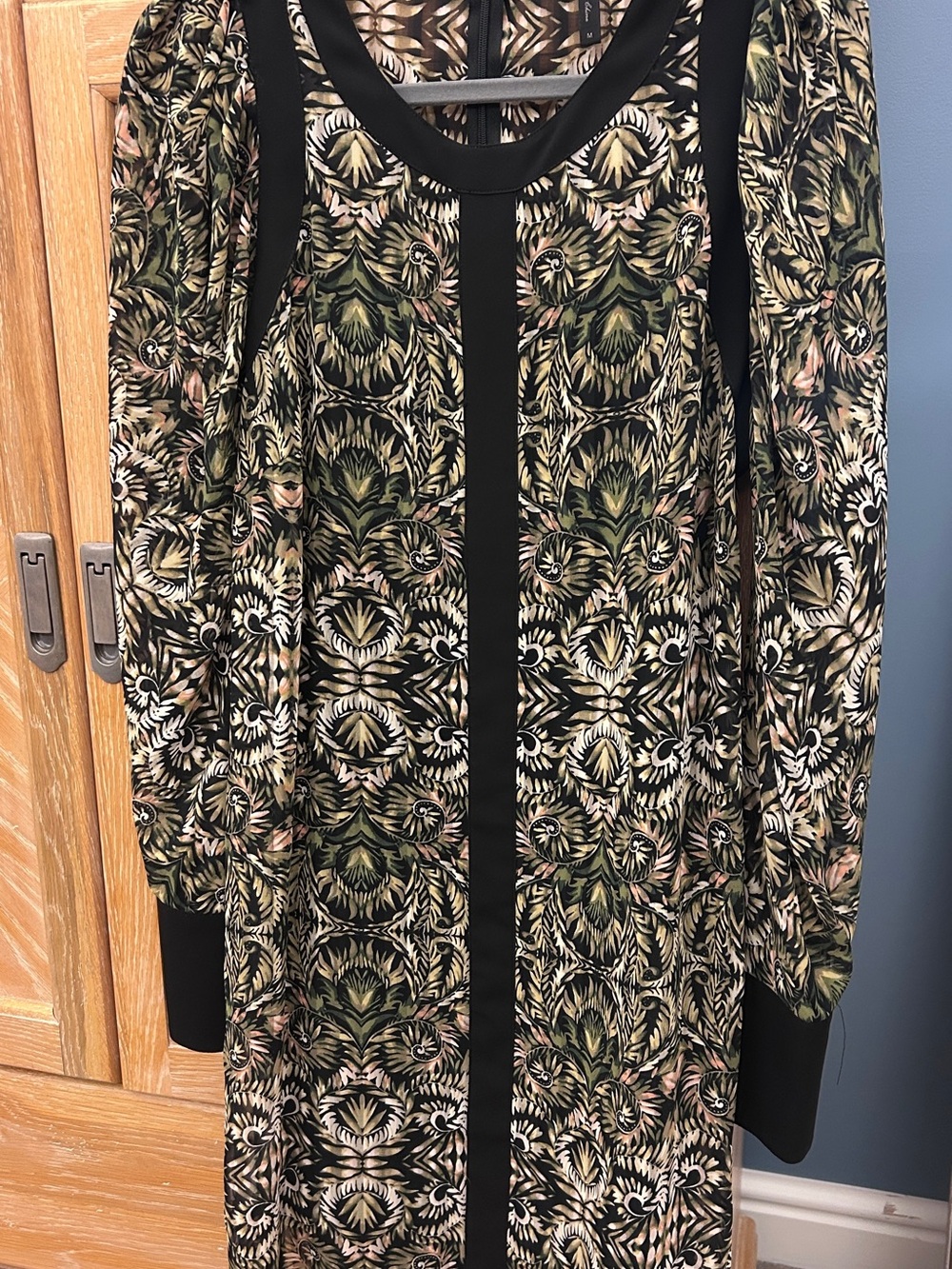 BCBGMaxAzria Olive, Black and Cream Long Sleeve Printed Dress